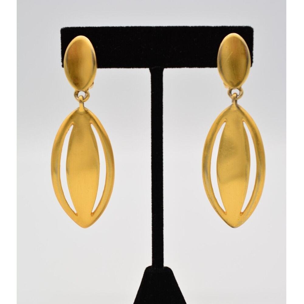Anne Klein Vintage Clip On Earrings Brushed Gold Dangle AK Signed 1980s BinAF